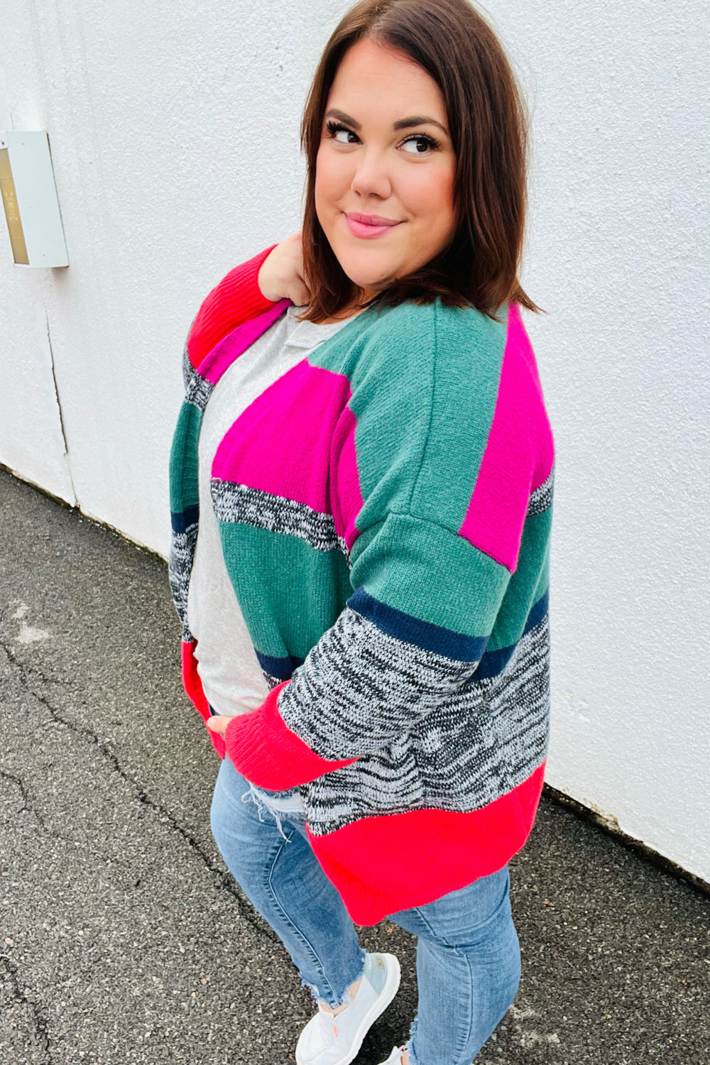 Face The Day Magenta & Hunter Green Two Tone Cardigan