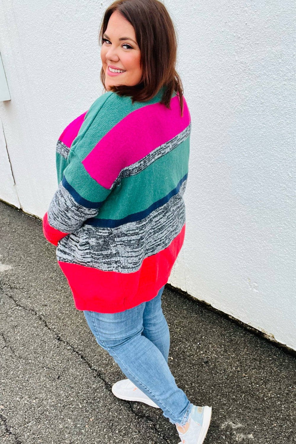 Face The Day Magenta & Hunter Green Two Tone Cardigan