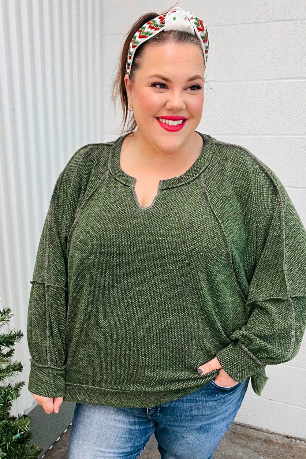 The Slouchy Olive Two Tone Knit Notched Raglan Top