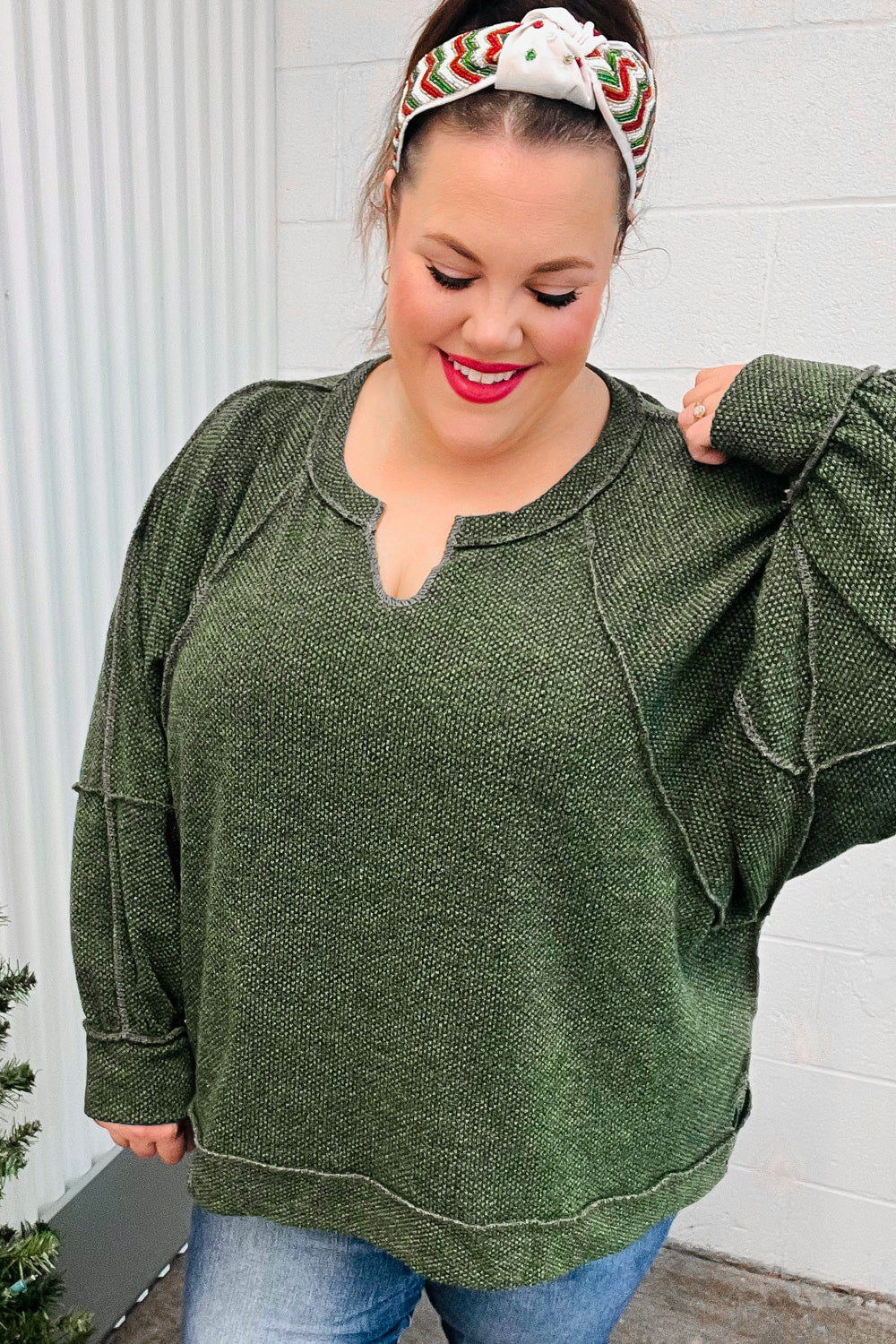 The Slouchy Olive Two Tone Knit Notched Raglan Top