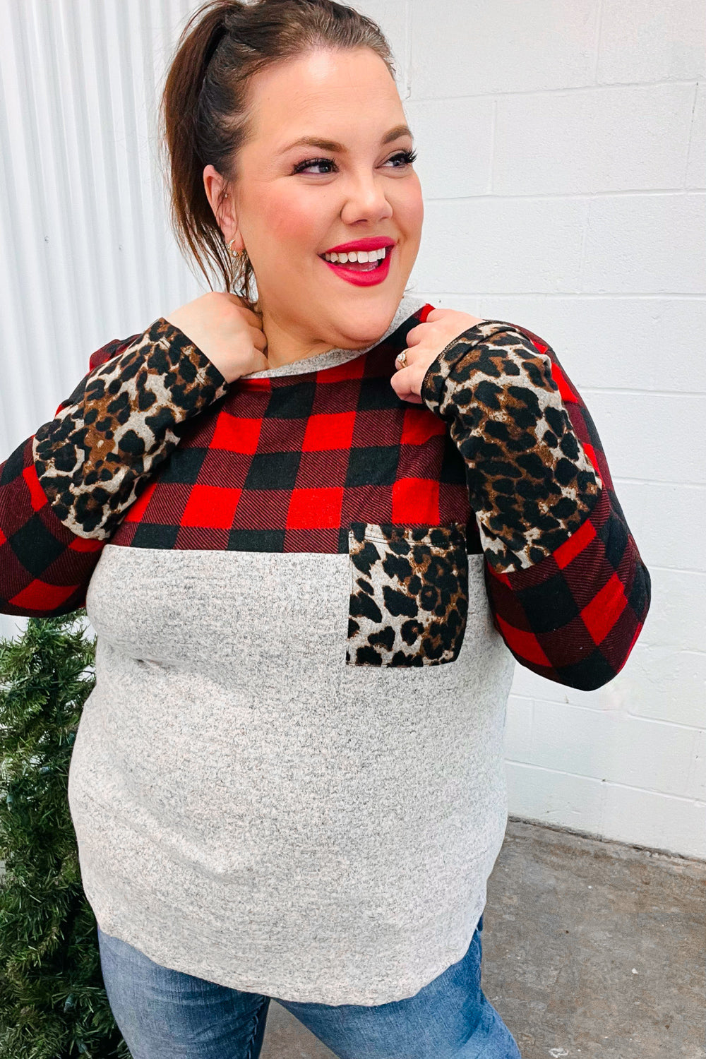 All Of Me Grey & Red Plaid Animal Print Pocketed Top