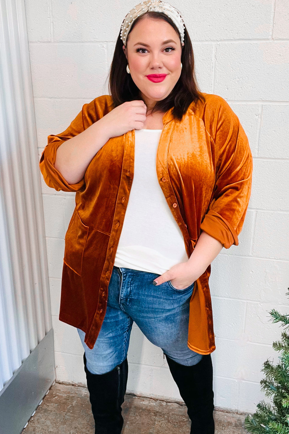 Dazzling Rust Velvet Button Down Tunic Top