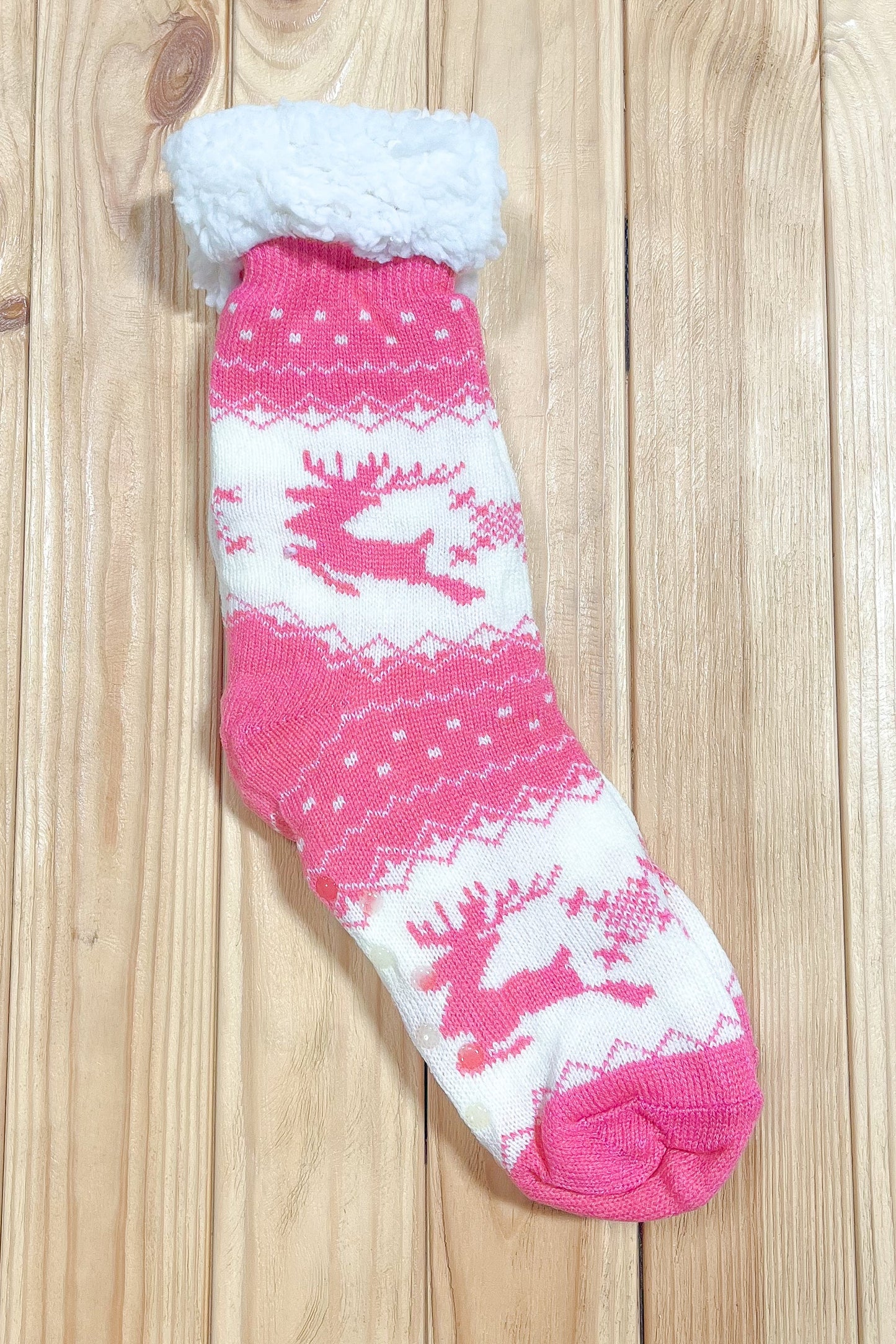 Hot Pink Reindeer Sherpa Traction Bottom Slipper Socks