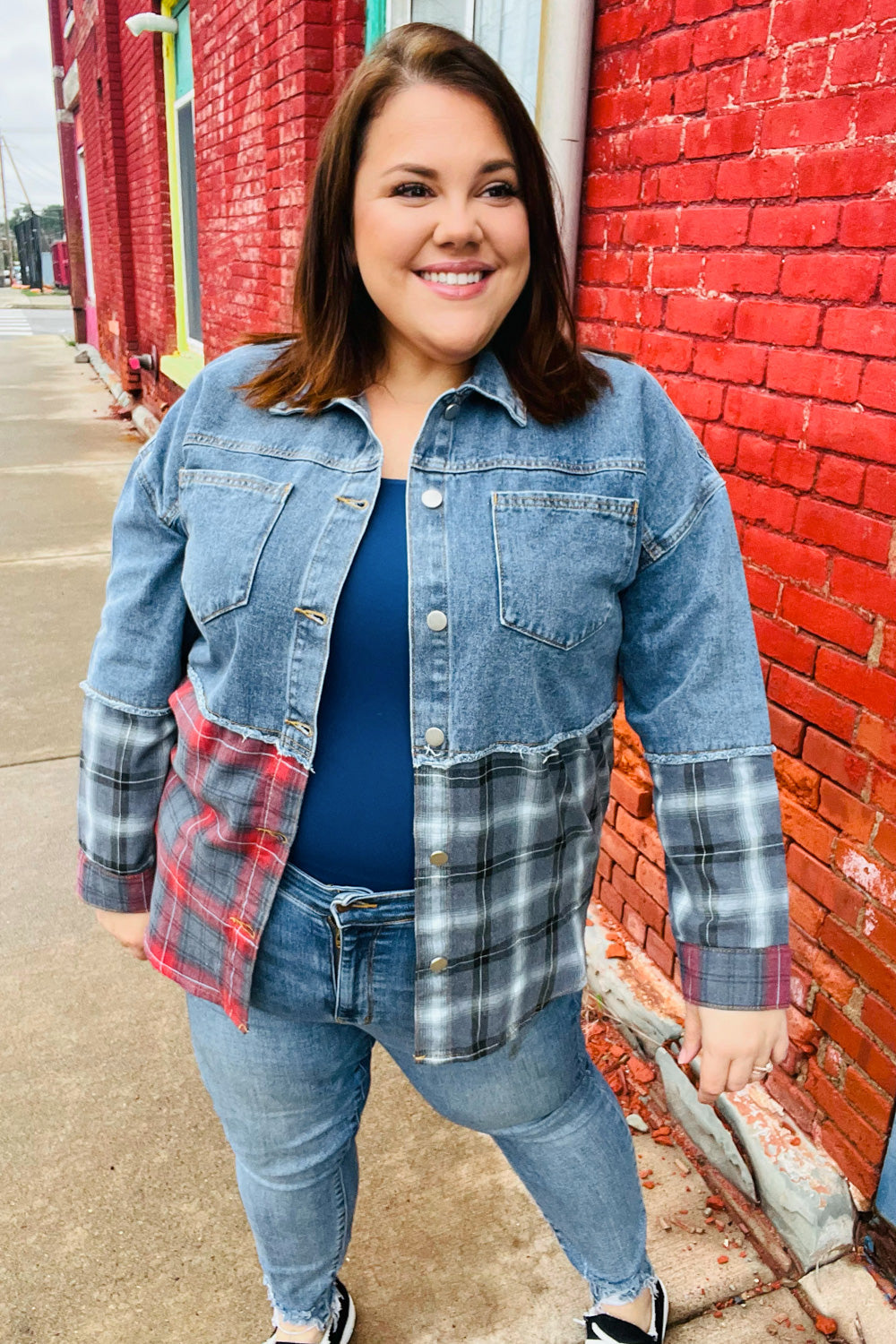 Denim & Plaid Color Block Cut Edge Jacket