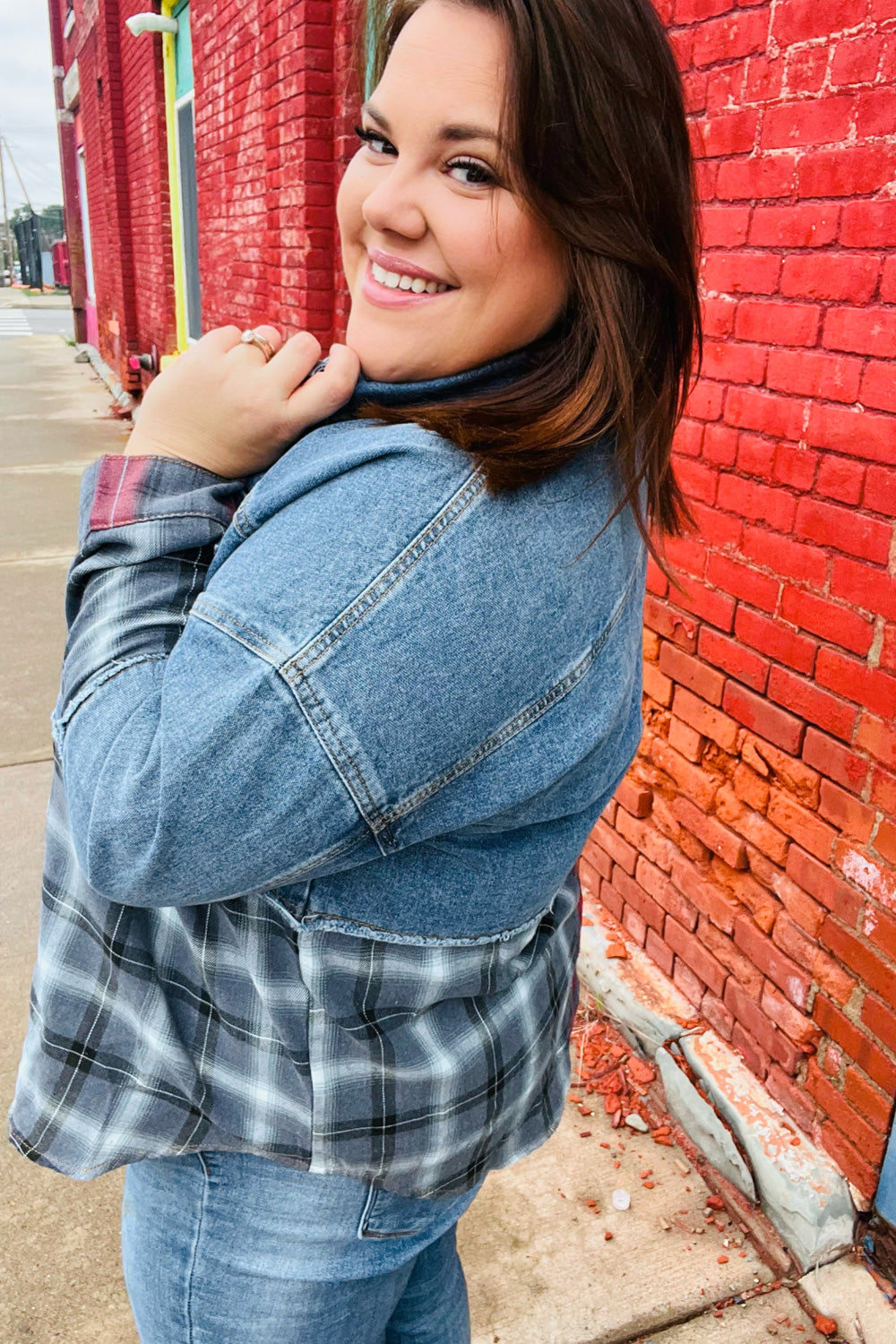 Denim & Plaid Color Block Cut Edge Jacket