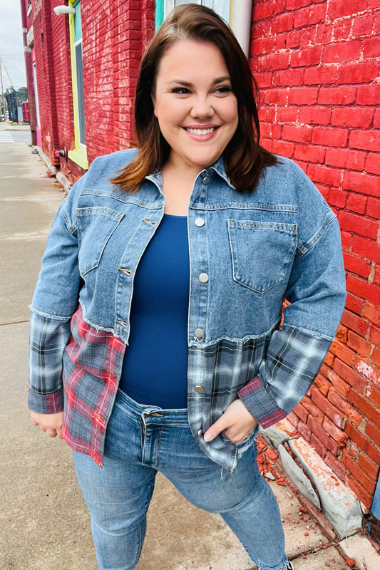 Denim & Plaid Color Block Cut Edge Jacket