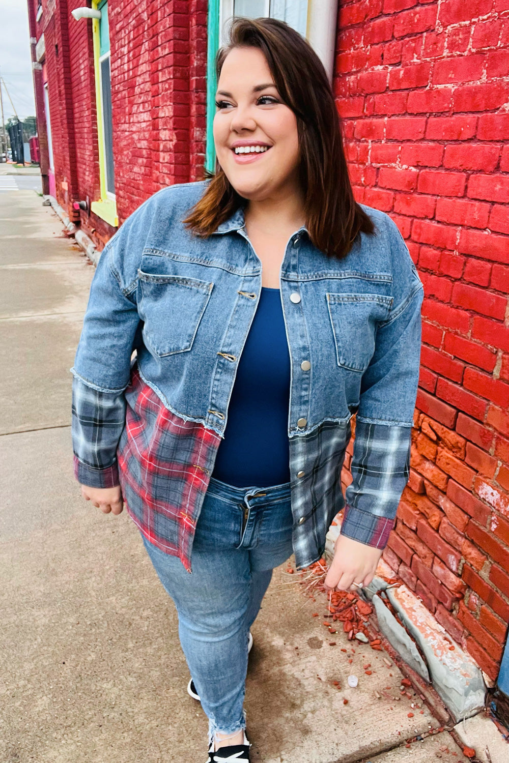 Denim & Plaid Color Block Cut Edge Jacket