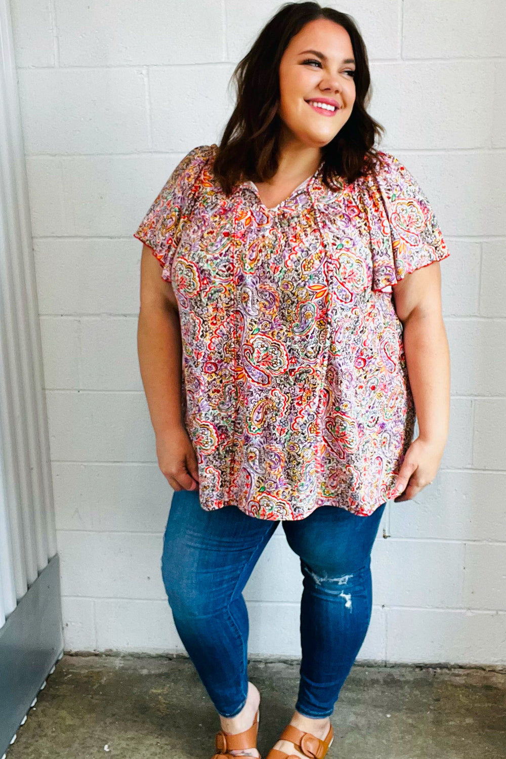 Multicolor Boho Paisley Print Tie Neck Dolman Top