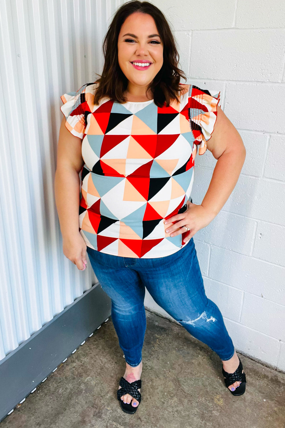 Ivory & Burnt Orange Geo Print Smocked Ruffle Frill Sleeve Top