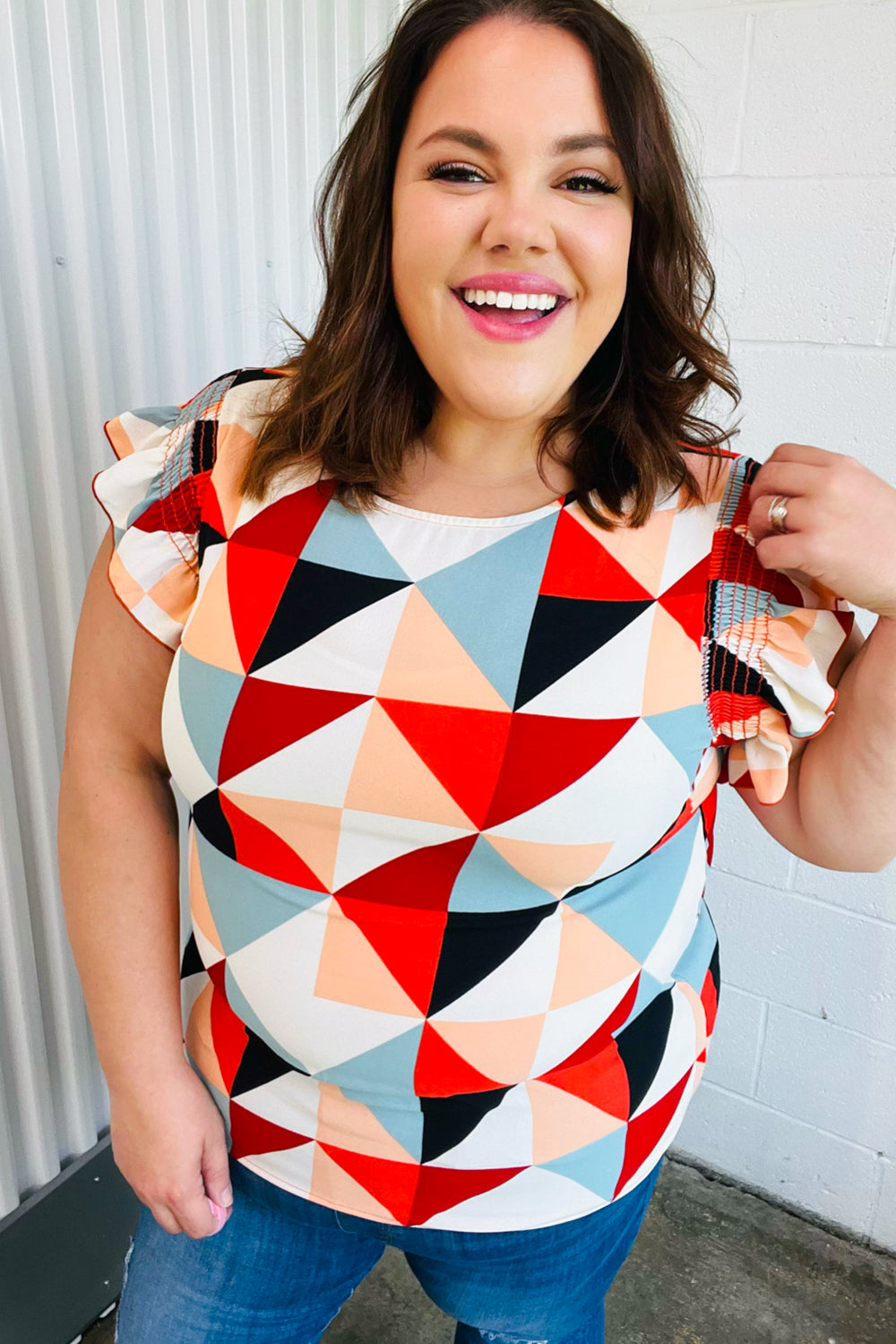 Ivory & Burnt Orange Geo Print Smocked Ruffle Frill Sleeve Top