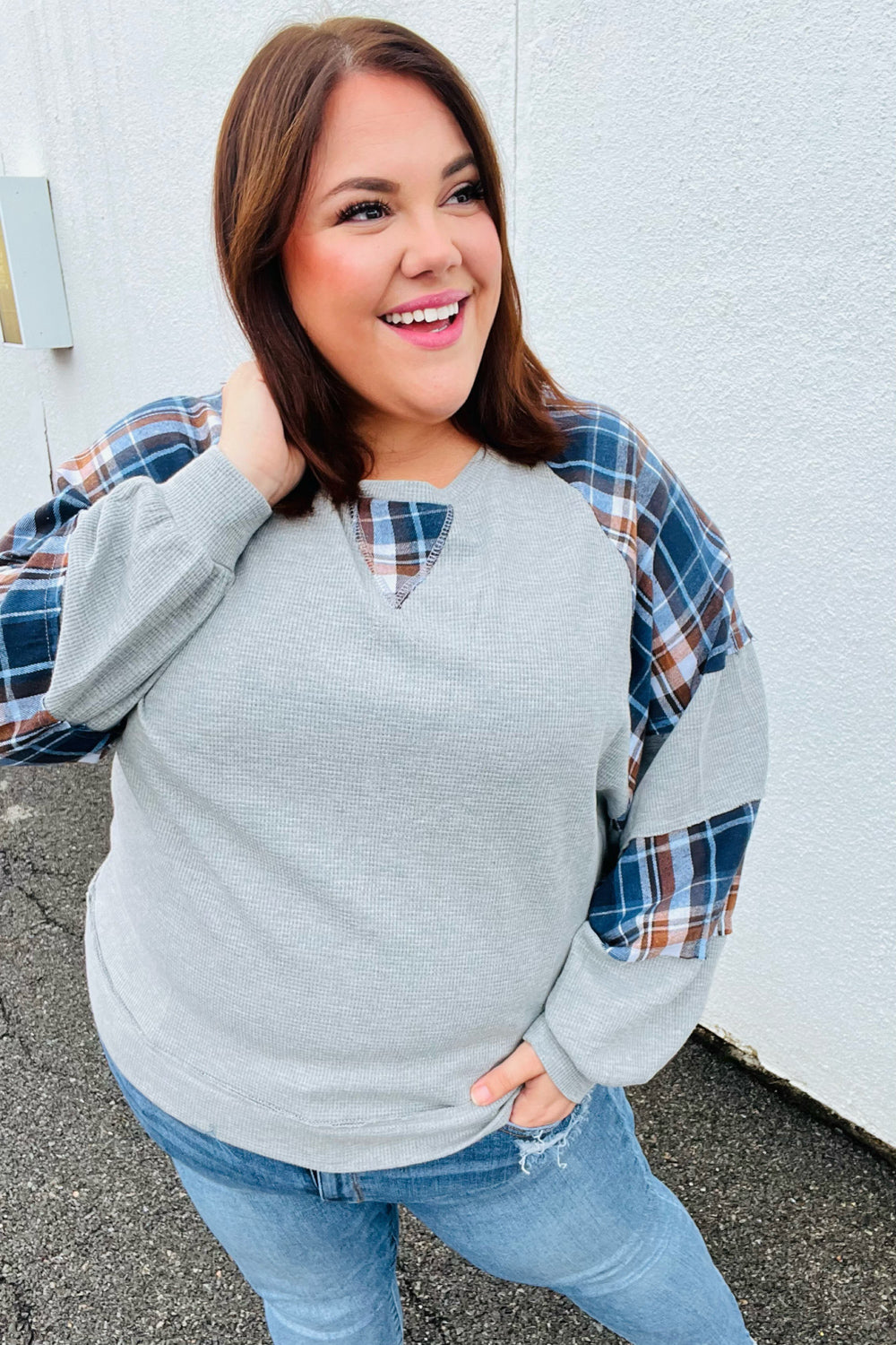 Face The Day Grey/Navy Plaid Thermal Raglan Pullover