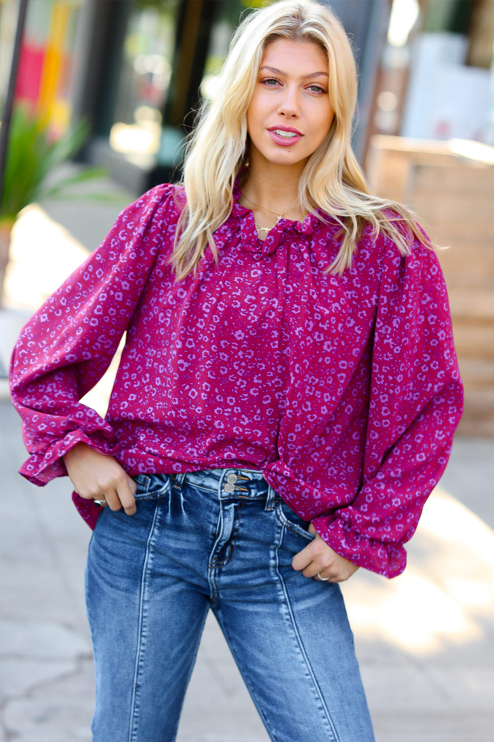 Magenta In Your Dreams Ditzy Floral Frill Neck Top