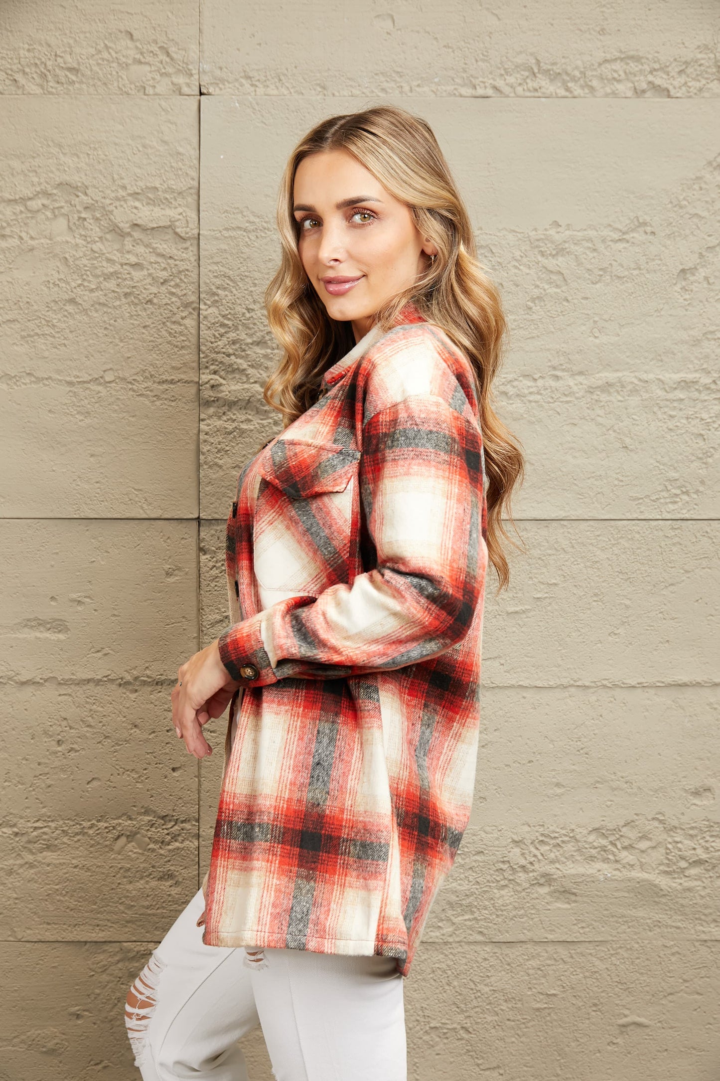 Double Take Plaid Button Up Shirt Jacket with Pockets