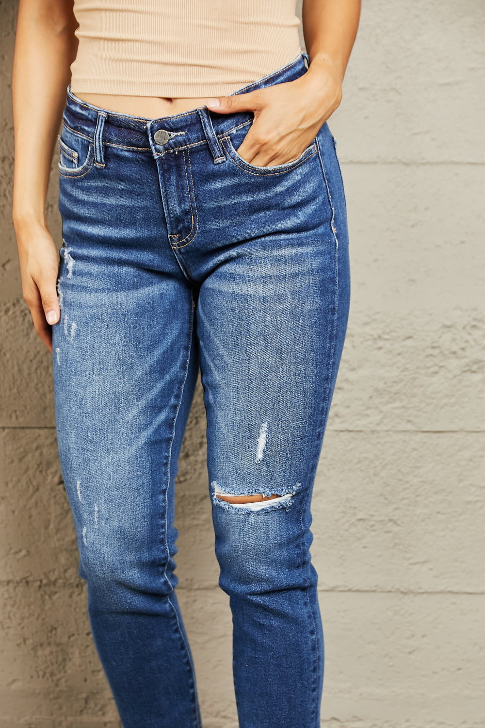 BAYEAS Mid Rise Distressed Slim Jeans