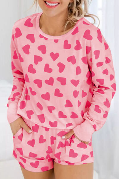 Heart Print Round Neck Top and Shorts Lounge Set