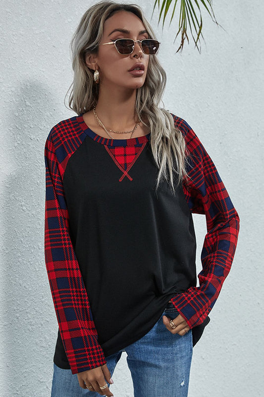 Double Take Plaid Print Long Raglan Sleeve Tee