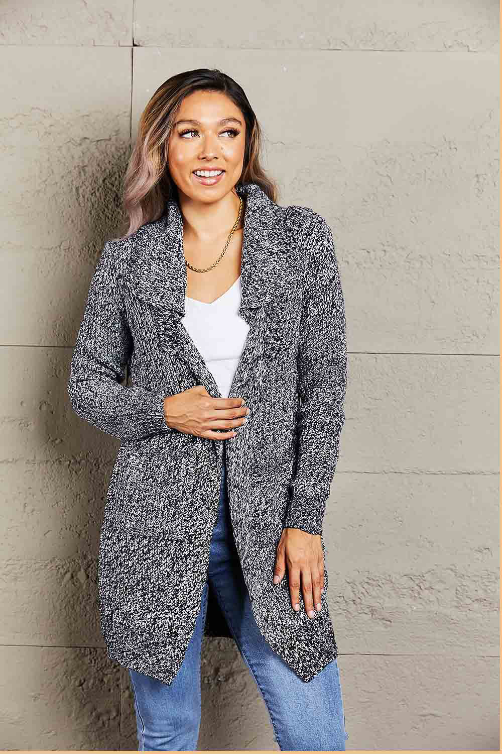 Woven Right Heathered Open Front Longline Cardigan with Pockets